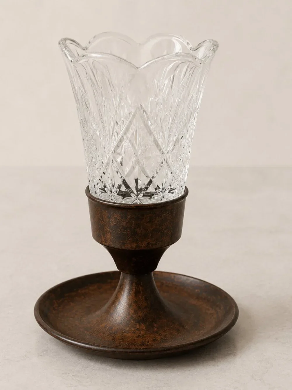 Vintage S.N.K. India Crystal Votive Candle Holder Faux Burl Wood Pedestal 6